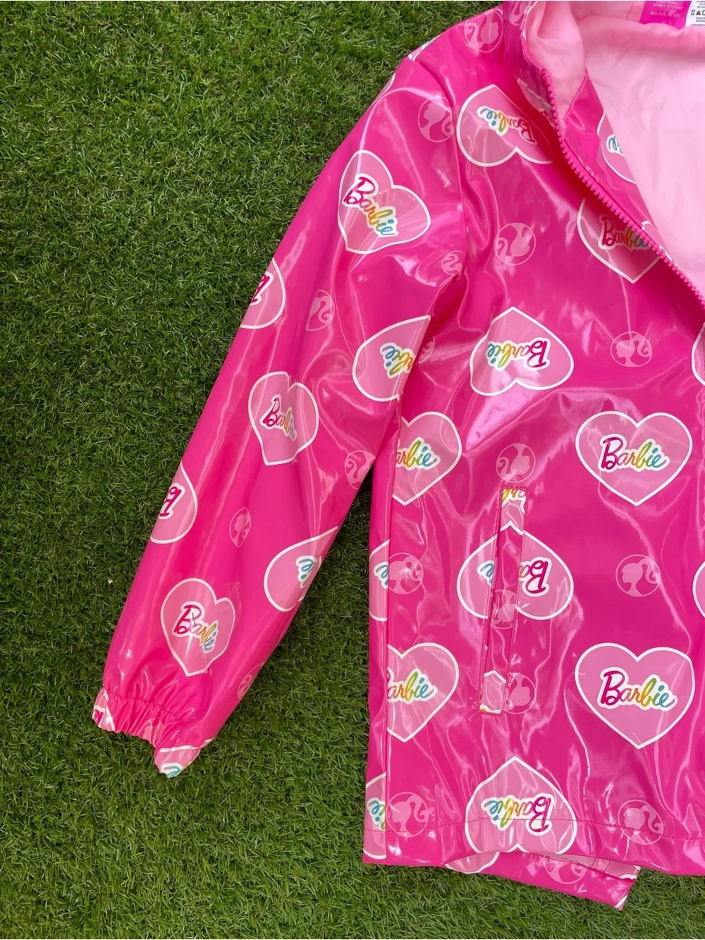 Barbie Bright Pink Hooded Raincoat with Heart Logo Print